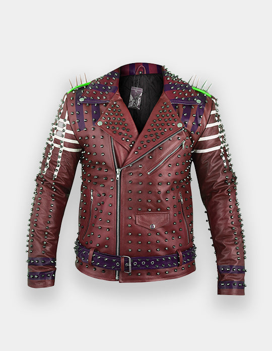 Men's Burgundy & White Studded Leather Jacket with Patches